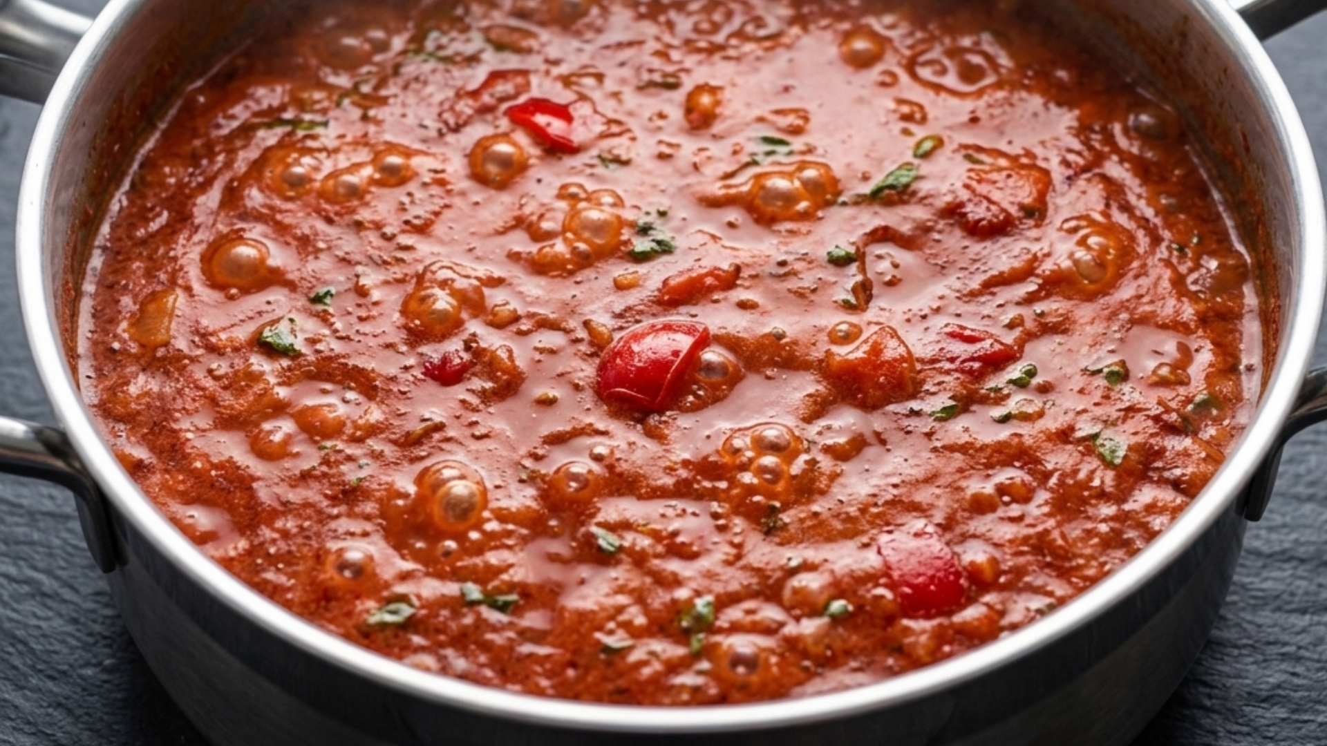 Beluga-Linsen-Sugo mit passierten Tomaten in einem Topf