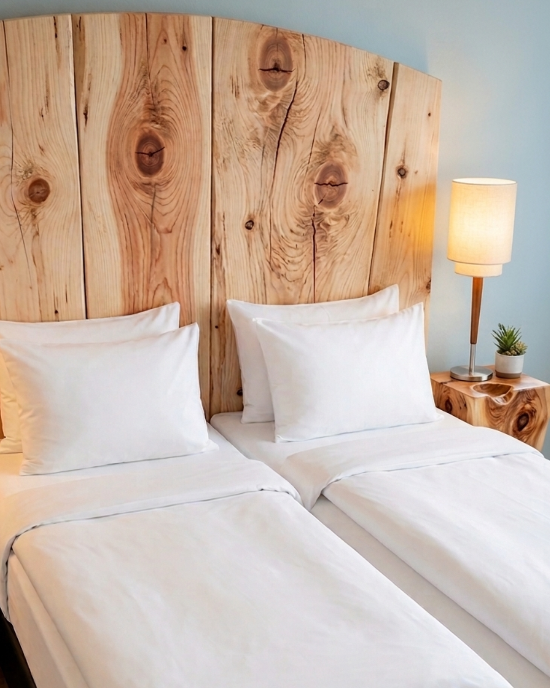 Kühles, aufgeräumtes Schlafzimmer mit heller Bettwäsche und Holzkopfteil als Voraussetzung für erholsamen Schlaf bei Hitze