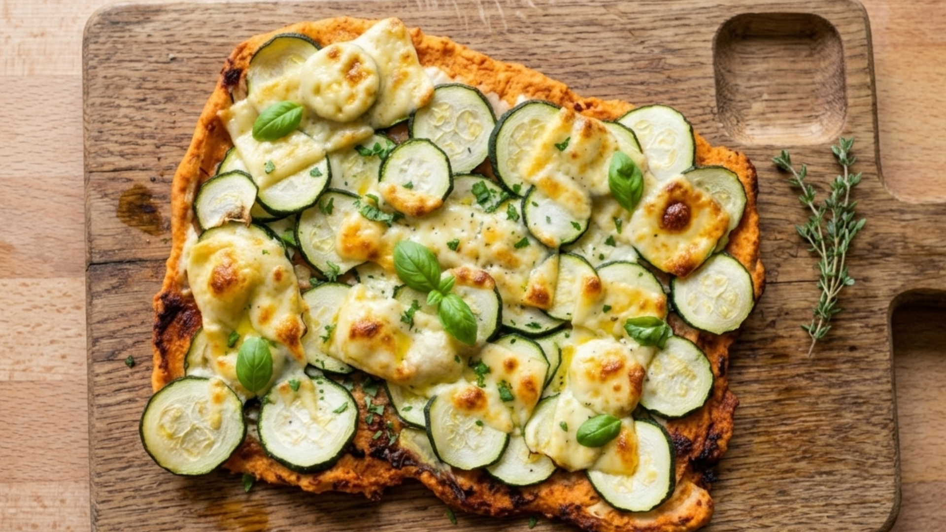 Flammkuchen aus roten Linsen mit Frischkäse und Zucchini