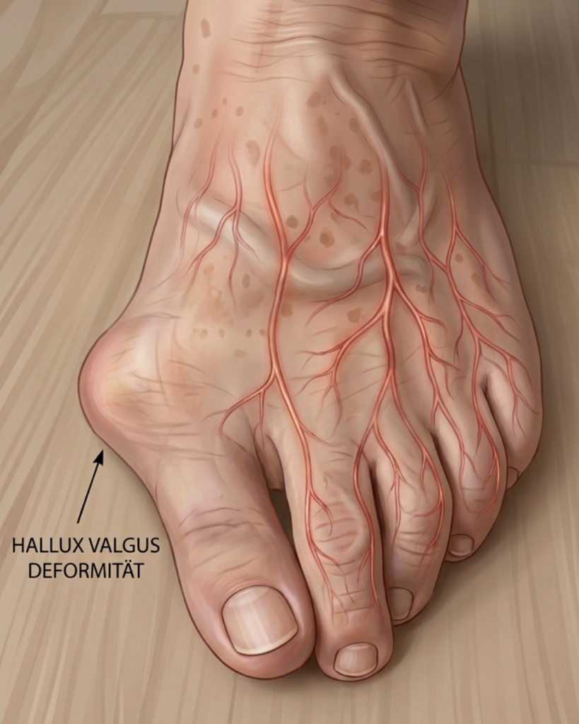 Illustration eines Hallux valgus: der Großzeh weicht nach außen ab, das Großzehengrundgelenk tritt als Ballen hervor