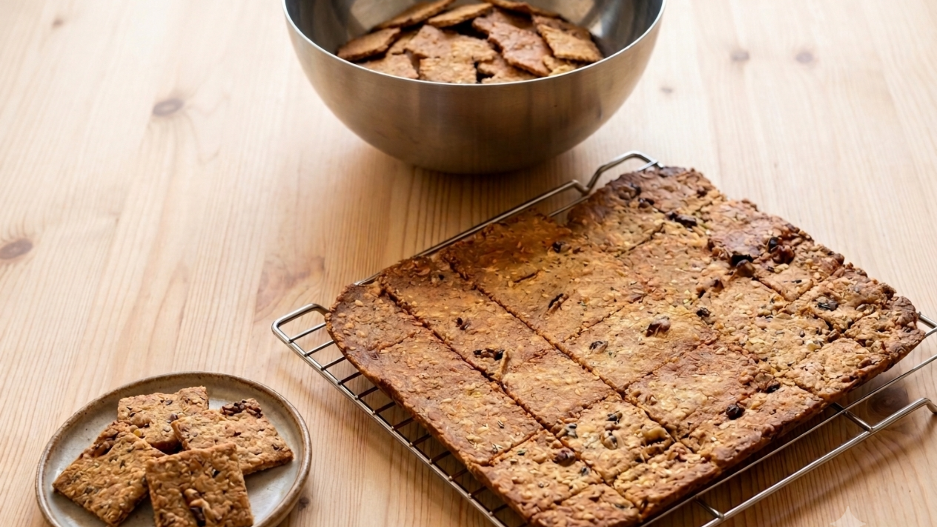 Selbstgemachte Cracker mit Sauerteigresten, Haferflocken, Nüssen und Samen