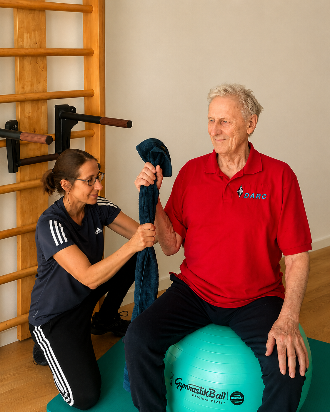Personal Training in Solingen-Rupelrath und Langenfeld: Dr. Annette Schimmel unterstützt einen Klienten beim Training mit dem Widerstandsband auf dem Pezziball im Home-Studio