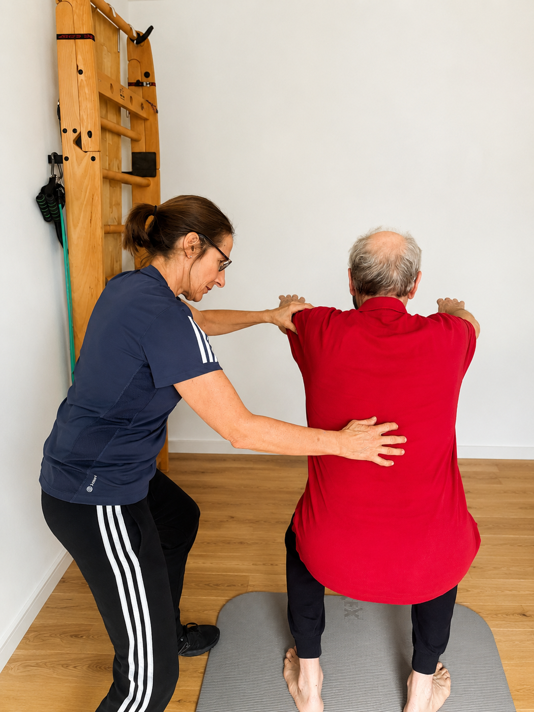 Personal Training in Bergisch-Neukirchen und Langenfeld: Dr. Annette Schimmel korrigiert die Haltung eines Klienten bei der Kniebeuge im Home-Studio