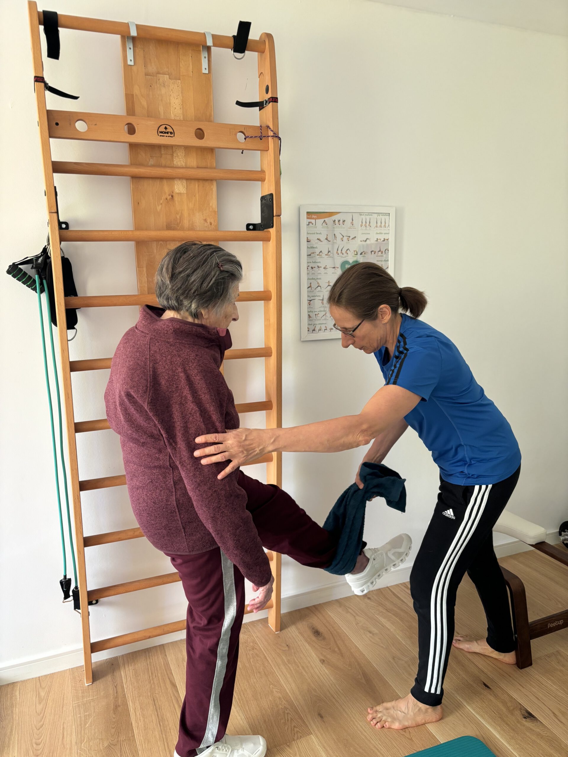 Fitness im Alter: Dr. Annette Schimmel begleitet eine Klientin beim Beweglichkeitstraining an der Wandsprosse