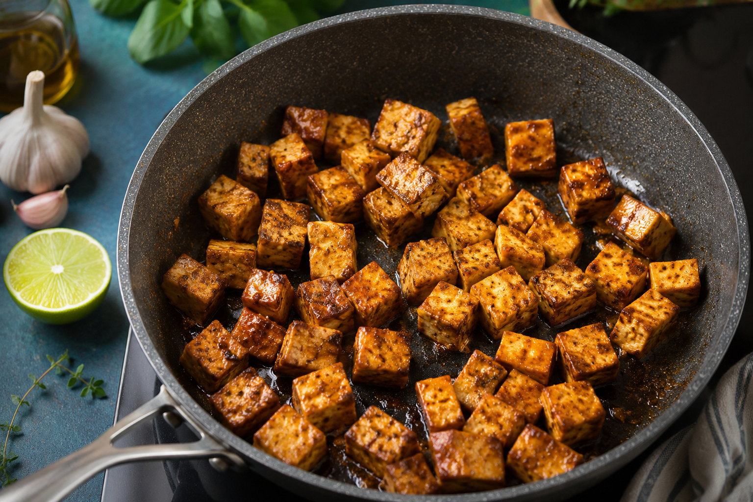Marinierter Tofu in Würfeln mit Kräutern in einer Schale
