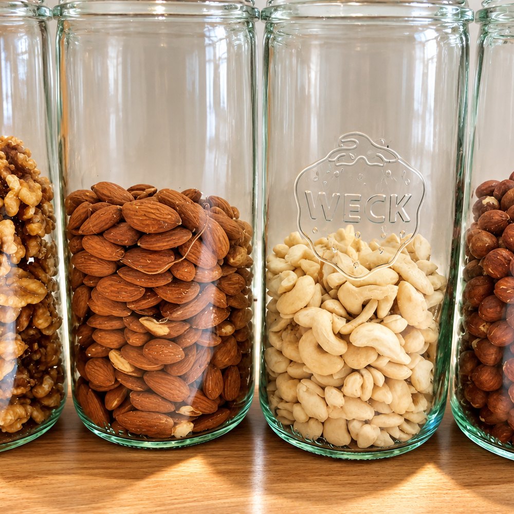 Mandeln, Cashews, Walnüsse und Haselnüsse in Weck-Gläsern, Nüsse liefern Calcium und Magnesium für die Knochen