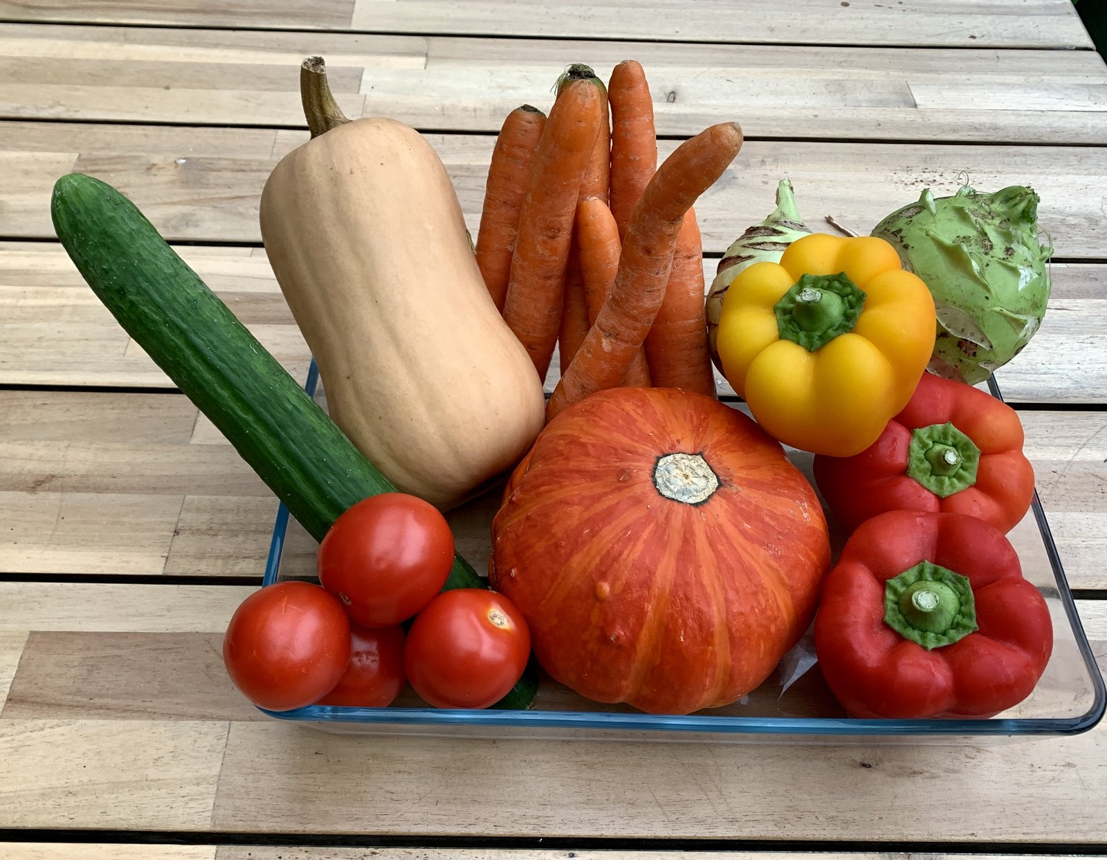 Frisches Gemüse wie Paprika, Kürbis, Tomaten und Karotten in einer Kiste, Sinnbild für nährstoffdichte Ernährung gegen Gewichtszunahme in den Wechseljahren